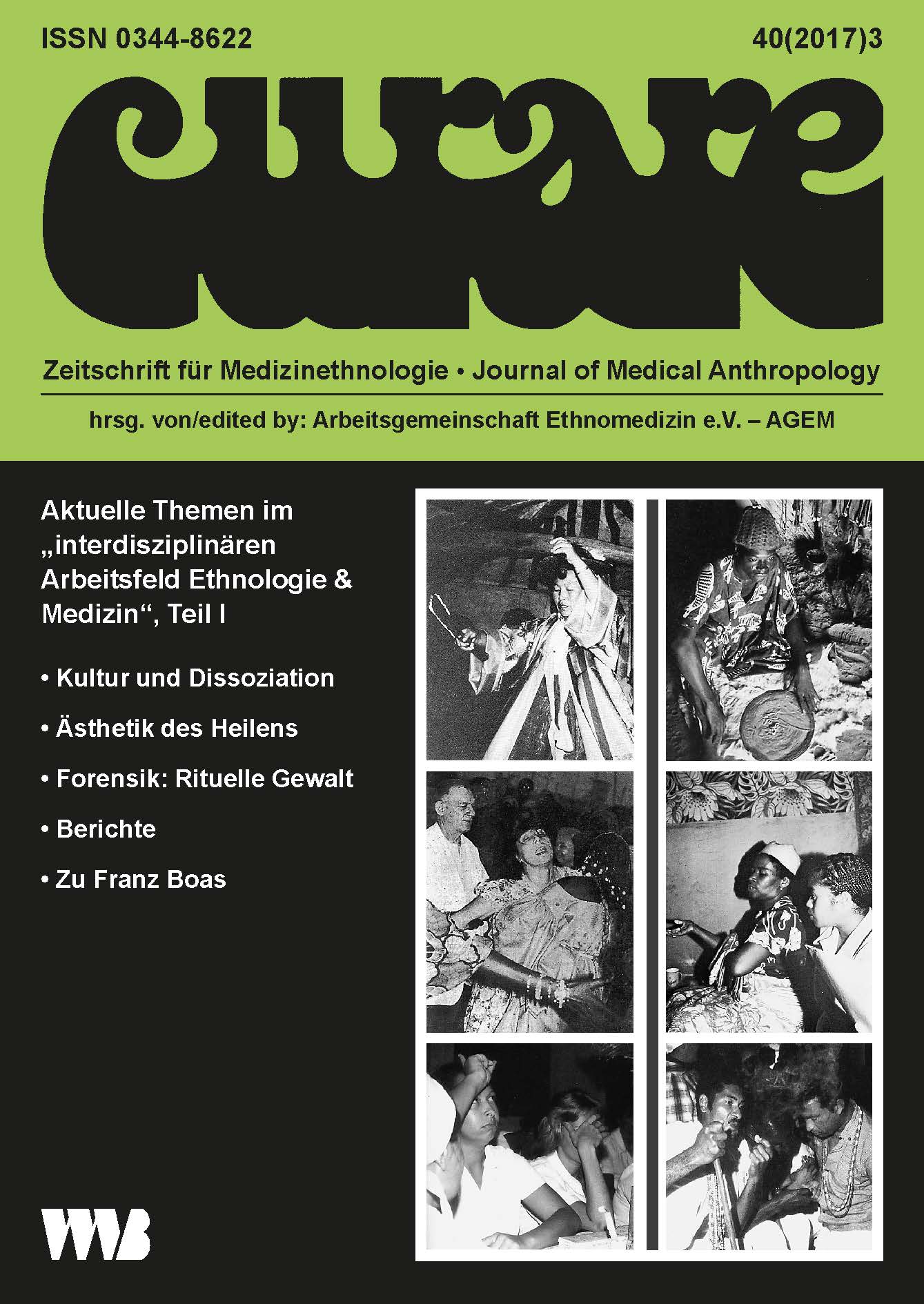 Zum Titelbild: Bewusstseinsveränderung/Cover Picture: Altered state of consciousness. Aus Curare: Oben li 4/1980 > Eine Mudang (Korea) tanzt während der Behandlung in Trance mit Zeremonialschwertern (S. 210, Foto u. Text Do- rothea Sich: „Ein Beitrag zur Volksmedizin und zum Scha- manismus in Korea“, S. 209–216) • Oben re 2/1980 > Der Zarma-„Fetischzauberer“ Ali Mamane in Aktion (Niamey, Niger), Ergänzung zum Titelbild in 1/1980 (Text und Foto Frieder von Sass) • Mitte li: 2/1990 > unkontrollierte Trance einer Touristin bei einem Ndoep-Ritual, Titelbild (Foto aus Le Soleil, Dakar, Text von Armin Prinz) • Mitte re: 2/1984 > achtsamer Versenkungszustand der Heilerin mit Patientin (To- lagnaro, Madagaskar), Titelbild (Foto Theo Ott) • unten li u re aus 2/1982 > Vom Geist eben inkorporiertes Medium, sowie Beratung und magische Therapie mit Rauch, brasilianischer Spiritismus und Umbanda (Fotos Gerhilde Figge-Alberti, Text Horst Figge: „Zur Phänomenologie sogenannter veränderter Bewußtseinszustände“, S. 92–102, hier vom Reprint, S. 53 und 55, Curare 25(2002), S. 49–56).